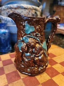 Antique Lustreware Redware Pitcher Sister Brother Lost In Woods Paint Detail