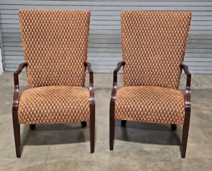 Pair Of Kindel Mahogany New England Lolling Chairs Arm Chairs Cut Velvet Fabric