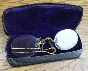 Antique Pince Nez Eyeglasses With Chain Clip In Case