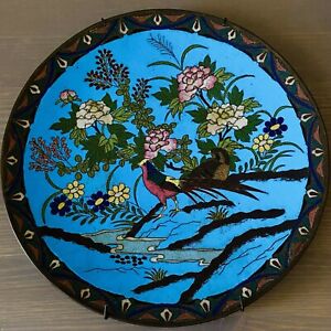 Antique Japanese Meiji Cloisonne Enameled Birds Water Landscape Charger Plate