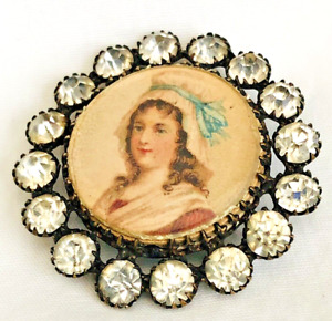 Antique Charlotte Corday Button Lithograph Under Glass W Paste Stones 1 1 4 