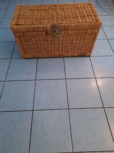 Vintage 1970s Rattan And Chinoiserie Trunk With Brass Hardware