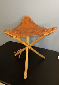 Vintage Leather Tripod Folding Stool Mexican Camping Sports