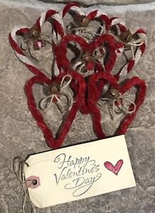 One Half Dozen Primitive Made Twisted Chenille Hearts W Prim Valentine Tag