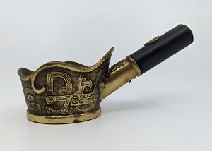 Antique Chinese Brass Silk Iron With Black Wooden Handle