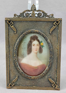 Antique French Hand Painted Regency Lady Portrait Miniature In Gilt Ormolu Frame