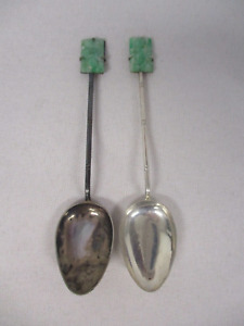 2 Antique Chinese Sterling Silver Demitasse Fruit Spoons W Carved Jade 4 1 8 