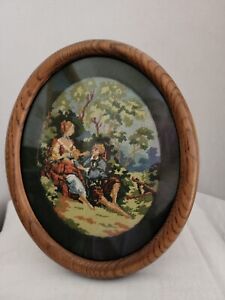 Vintage Framed Petitpoint Tapestry 7 5 X6 In 11 5 X9 Out French Courting Scene