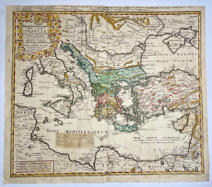Turkish Empire Greece 1741 Homann Hrs Large Antique Map 18th Century