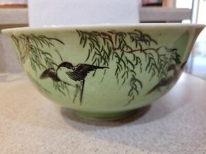Large Antique Chinese Porcelain Bowl Basin Swallows Willow Family Celadon Green