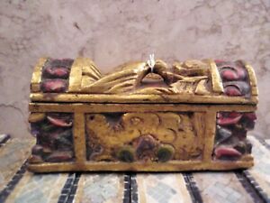 Antique Asian Wood Hand Carved Painted Storage Box