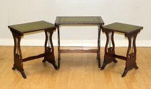 Lovely Mahogany Nest Of Tables Green Leather Top With Harp Shape Support Sides