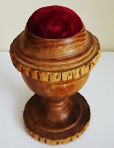 Antique Victorian Turned Wood Wooden Vintage Pin Cushion With Red Velvet Top