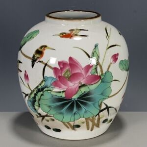 Chinese Antique Pastel Porcelain Pea Green Glazed Lotus Flower Kingfisher Jar
