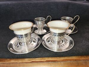 Gorham Sterling Silver 4 Demitasse Cups 4 Saucers And 2 Porcelain Inserts