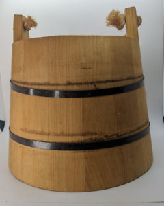 Wooden Firkin Bucket Pail Rope Handle Wishing Well Steel Hoops Vintage Primitive