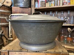 Large Vintage Metal Washtub Bread Dough Bowl Handle Lid Farmhouse Basin Tin 16 