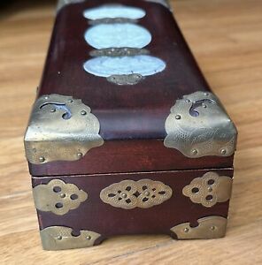 Vintage Chinese Jewelry Box Oriental Wood With Brass And Jade Design