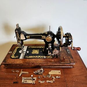 Stunning 1905 National Eldredge E Hand Crank Sewing Machine Ornate Case Tested