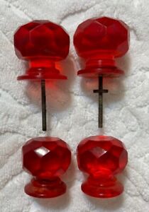 Vtg Ruby Red Lucite Faceted Door Knob Pulls Set 4 2 1 In 2 1 5 In 