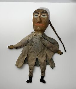 Antique American Folk Art Puppet Hand Carved Painted Wood Original Clothing 16 