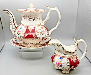 Antique English Porcelain Grainger Worcester Floral Teapot Stand Jug C1835