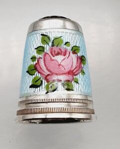Antique Sterling Silver Roses On Blue Enamel Glass Top Thimble Size 6 Germany