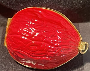 Antique Red Enamel Walnut Shape Pendant Sewing Kit Thimble Holder