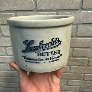 Vintage Lambrecht S Dairy Butter Stoneware Pottery Crock Chicago Milwaukee