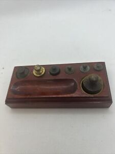 Antique Laboratory Apothecary Brass Weight Set Old Cherrywood Wooden Block