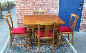 English Antique Oak Art Deco Draw Leaf Table And 4 Chairs Dining Sets
