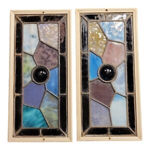 Pair Of Antique Leaded Stained Glass Windows Victorian Bullseye 7x15 