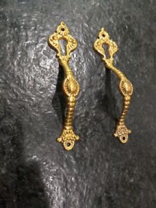 Lot Of 2 Ornate Brass Pull Handles Key Holes Bookcass Cabinet 3 3 8 C2c