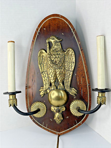 Vintage Colonial Federal Brass Metal Wood Plaque Bald Eagle Wall Sconce Electric