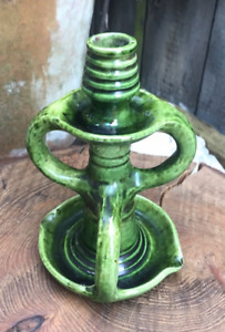Antique Belgian Studio Art Pottery Chamberstick Arts Crafts Green Tin Glaze
