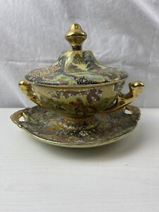 Vintage Hand Painted Royal Satsuma Lidded Compote Under Plate W Gold Handles