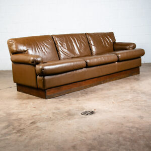 Mid Century Modern Sofa Couch Brown Leather 70s 80s Platform Vintage Arms Plush
