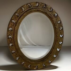 Antique Victorian Oval Wall Mirror Gold Gilt Gesso Beveled Glass Carved Wood