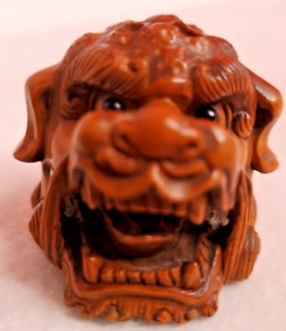 Netsuke Vintage Signed Miniature Boxwood Carving Foo Dog Head