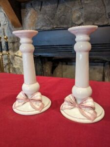 Antique Ceramic Candle Holder With Pink Ceramic Ribbon 8 1 2 X 4 1 2 Italy