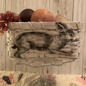 Hand Painted Primitive Stamped Bunny Basket Repurposed Shabby Farmhouse Decor