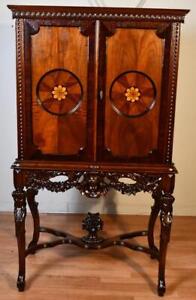 1910s Antique French Carved Walnut Inlaid Liquor Cabinet