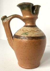 Primitive Vintage Hungarian Clay Terracotta Harvesting Jug W Spouts Hand Painted