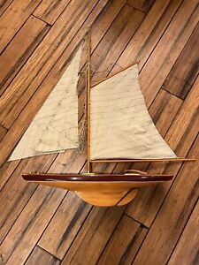 Signed Vintage Wood 1895 Cup Racer Pond Yacht Model Sailboat Boat Ship 26 X 35 
