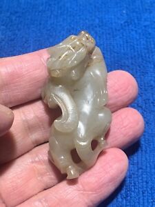 Chinese Old Han Dy White Jade Carved Chi Dragon Figure Small Statue Pendant