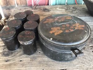 Antique 7 Tin Spice Canister Set With Stencils Hand Painted