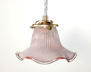 Antique 1920s French Wrythen Vaseline Cranberry Glass Tulip Pendant Lamp