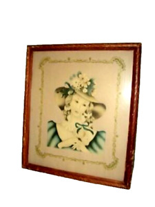 1920s French Lady Hat Print Lithograph Muted Pink Aqua Red Wood Rope Frame
