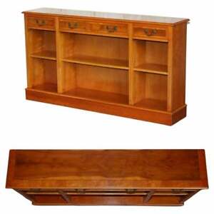 Vintage Burr Yew Wood Dwarf Open Bookcase Sideboard With Three Large Drawers