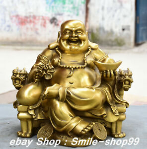 11 Pure Bronze Happy Laugh Smile Maitreya Buddha Yuanbao On Dragon Chair Statue
